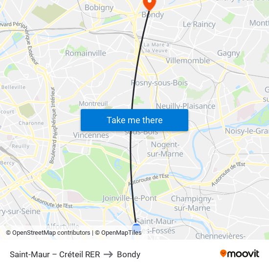 Saint-Maur – Créteil RER to Bondy map