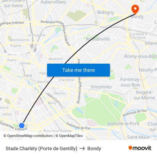 Stade Charléty (Porte de Gentilly) to Bondy map