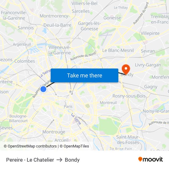 Pereire - Le Chatelier to Bondy map