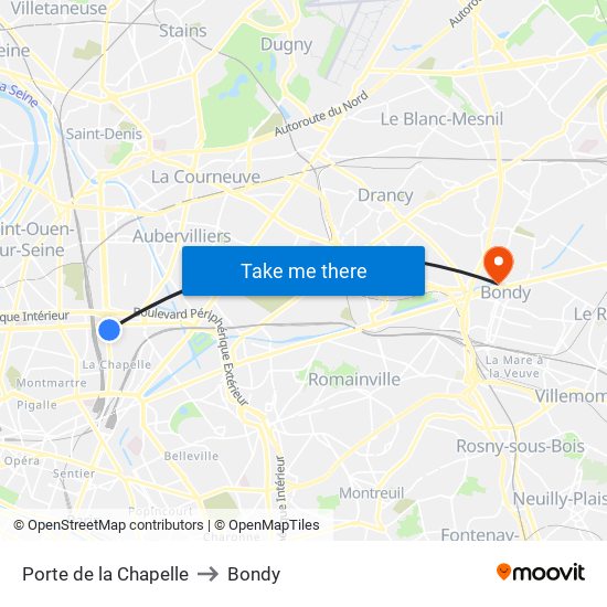 Porte de la Chapelle to Bondy map