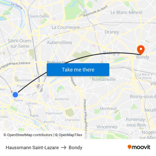 Haussmann Saint-Lazare to Bondy map