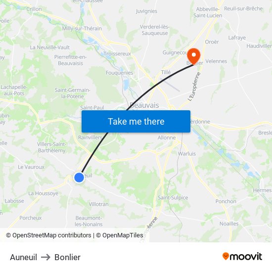 Auneuil to Bonlier map