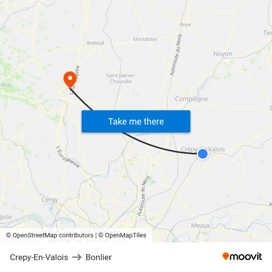 Crepy-En-Valois to Bonlier map