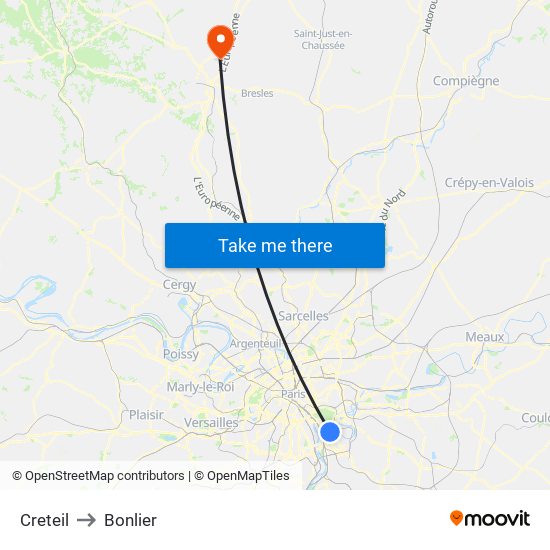 Creteil to Bonlier map