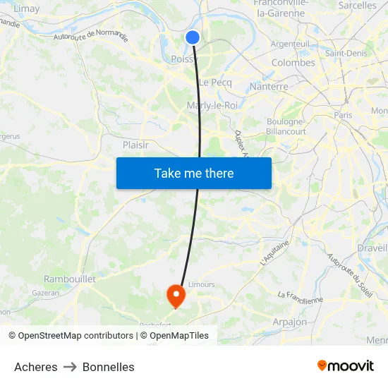 Acheres to Bonnelles map