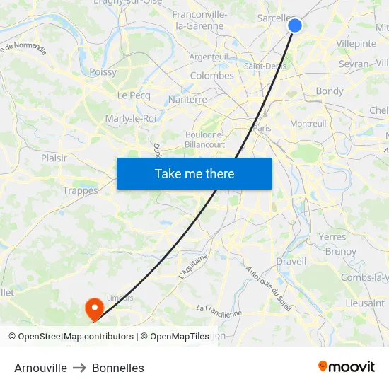 Arnouville to Bonnelles map