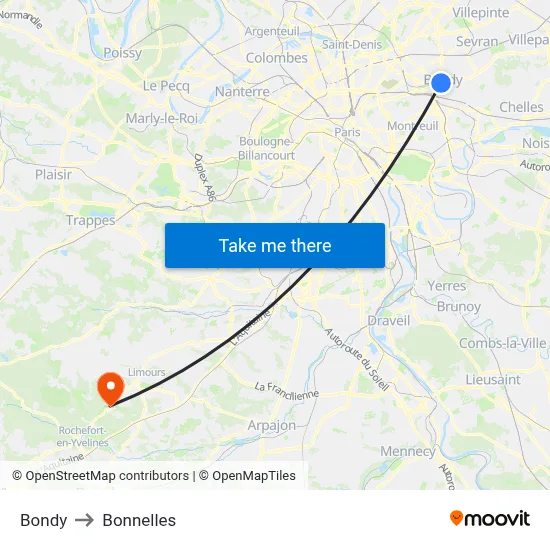 Bondy to Bonnelles map
