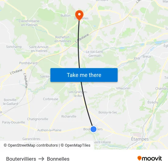 Boutervilliers to Bonnelles map