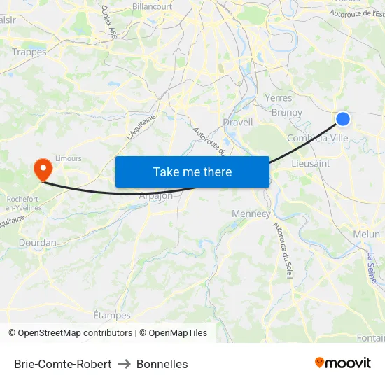 Brie-Comte-Robert to Bonnelles map