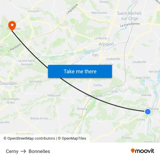 Cerny to Bonnelles map
