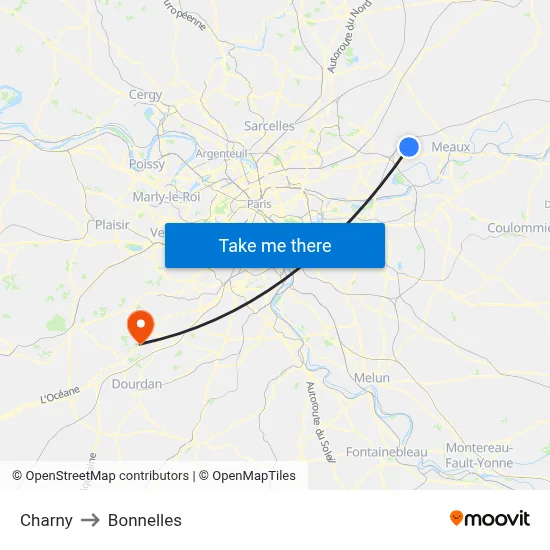 Charny to Bonnelles map