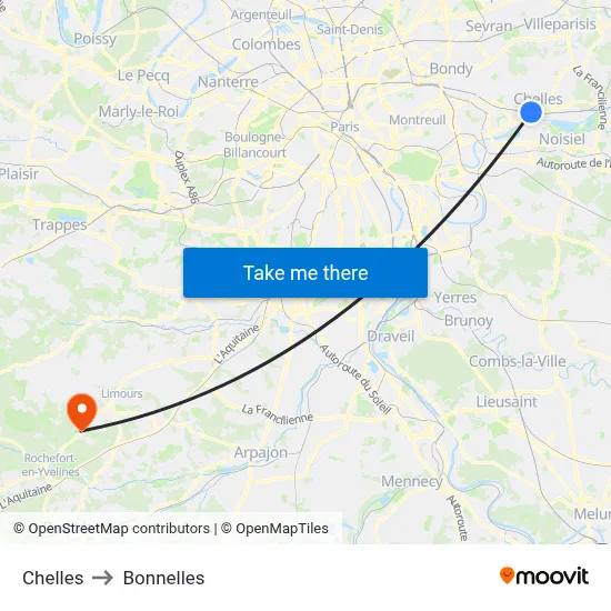Chelles to Bonnelles map