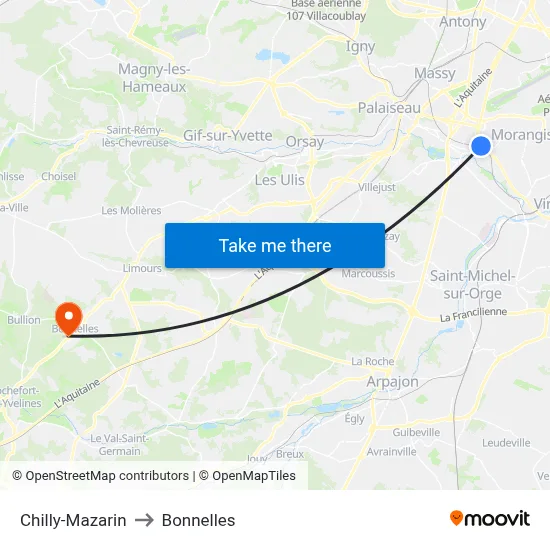 Chilly-Mazarin to Bonnelles map