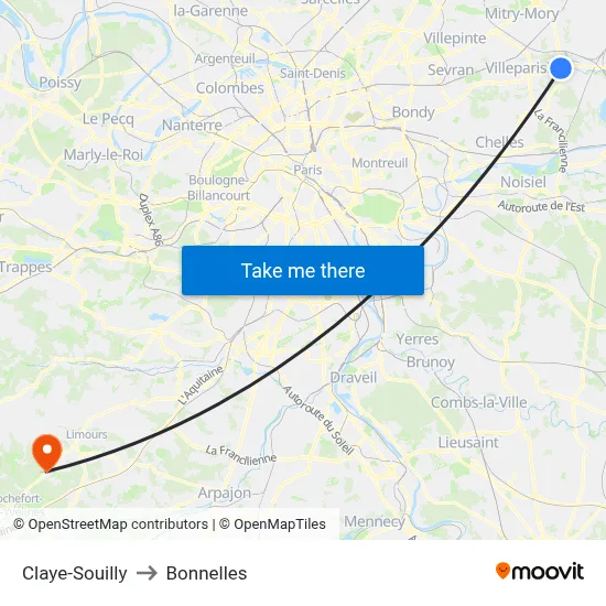 Claye-Souilly to Bonnelles map