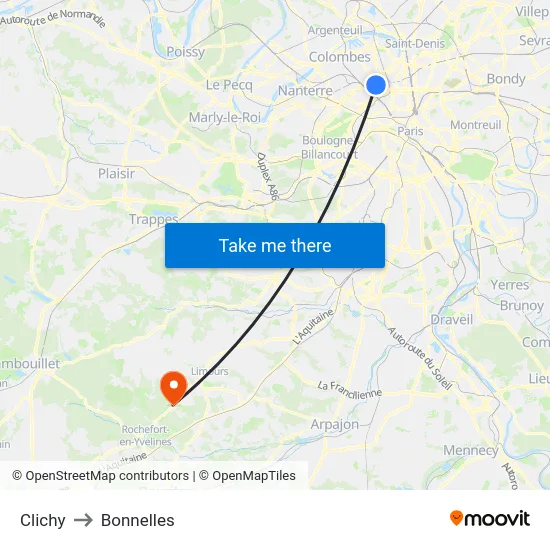 Clichy to Bonnelles map