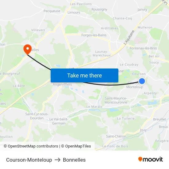 Courson-Monteloup to Bonnelles map