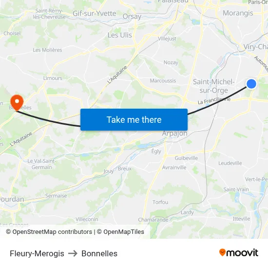 Fleury-Merogis to Bonnelles map