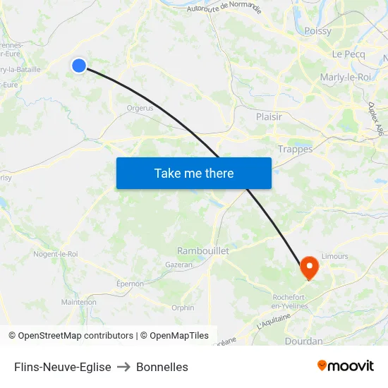 Flins-Neuve-Eglise to Bonnelles map
