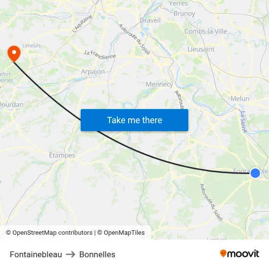Fontainebleau to Bonnelles map