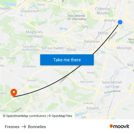 Fresnes to Bonnelles map