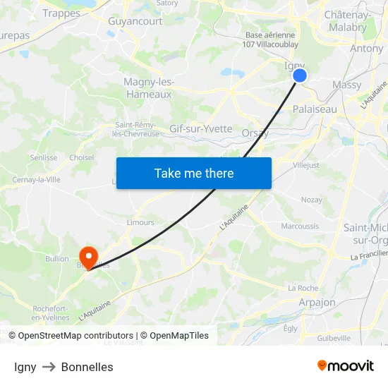 Igny to Bonnelles map