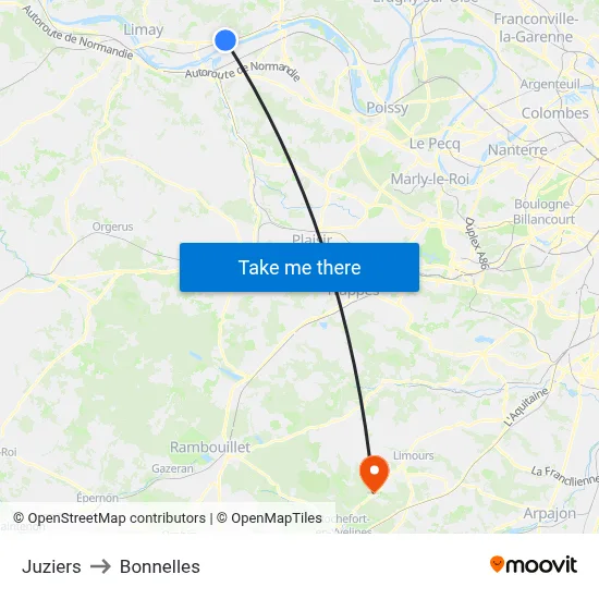 Juziers to Bonnelles map