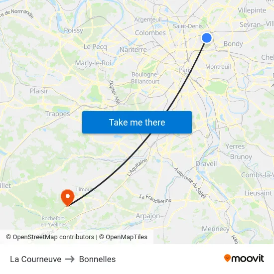 La Courneuve to Bonnelles map