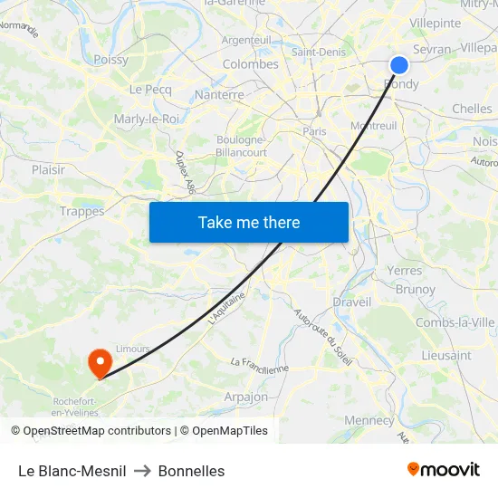 Le Blanc-Mesnil to Bonnelles map