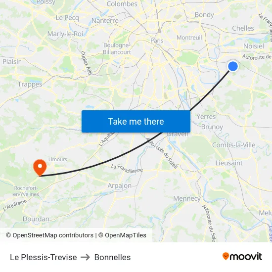 Le Plessis-Trevise to Bonnelles map