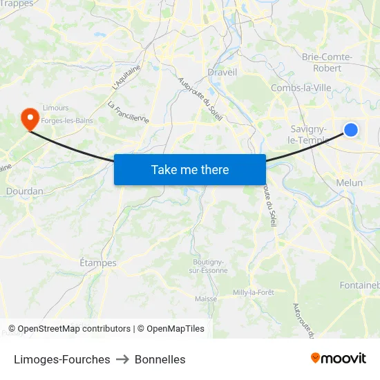 Limoges-Fourches to Bonnelles map