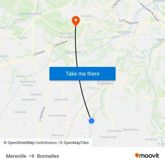 Mereville to Bonnelles map