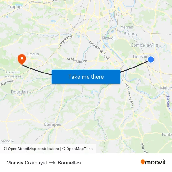 Moissy-Cramayel to Bonnelles map