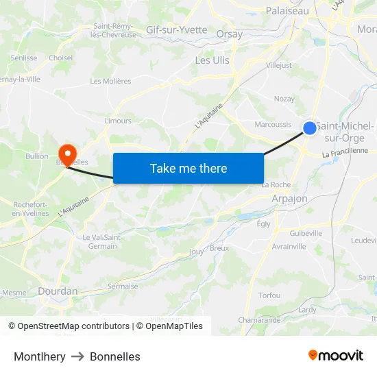 Montlhery to Bonnelles map