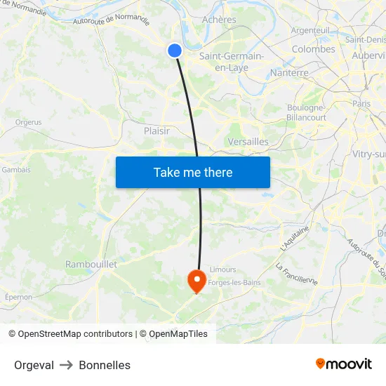 Orgeval to Bonnelles map