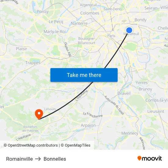 Romainville to Bonnelles map