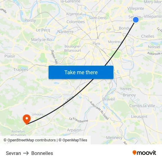 Sevran to Bonnelles map