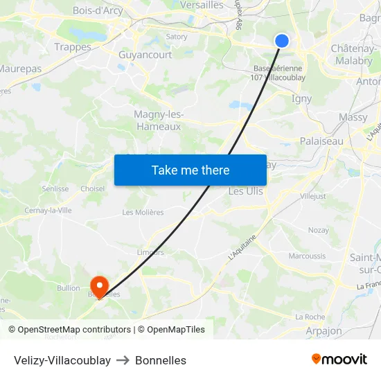Velizy-Villacoublay to Bonnelles map