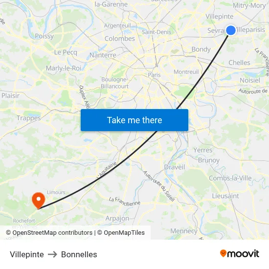 Villepinte to Bonnelles map