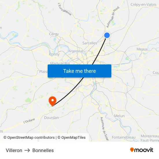Villeron to Bonnelles map