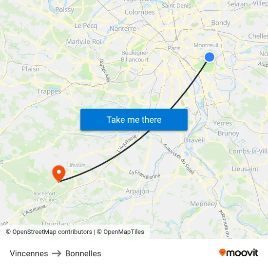 Vincennes to Bonnelles map
