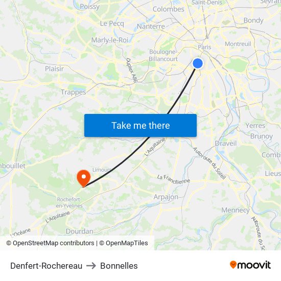 Denfert-Rochereau to Bonnelles map