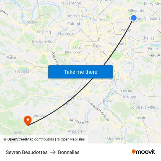 Sevran Beaudottes to Bonnelles map