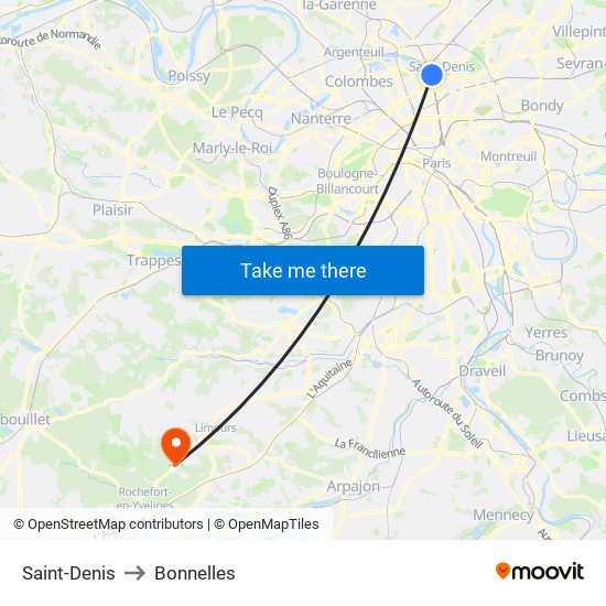 Saint-Denis to Bonnelles map
