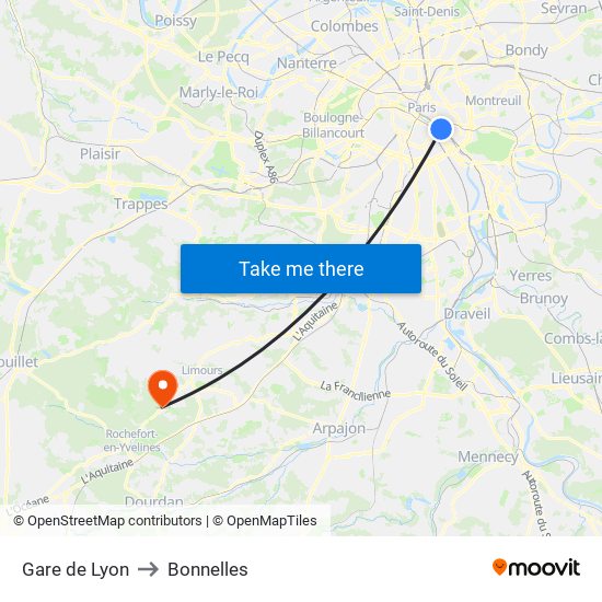 Gare de Lyon to Bonnelles map
