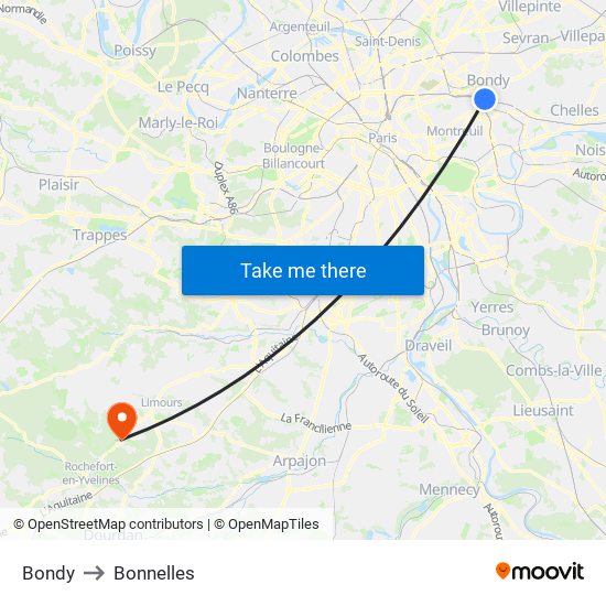 Bondy to Bonnelles map