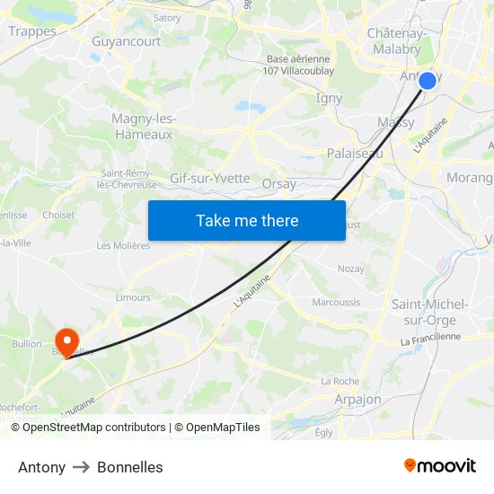 Antony to Bonnelles map
