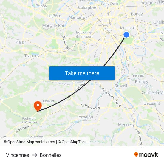 Vincennes to Bonnelles map