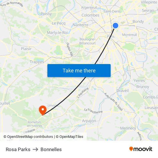 Rosa Parks to Bonnelles map