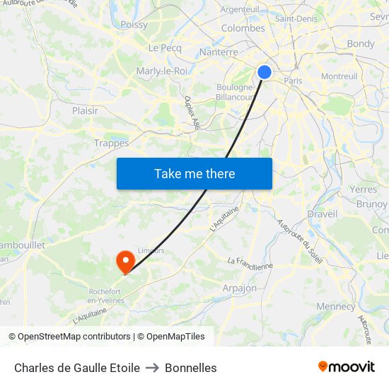 Charles de Gaulle Etoile to Bonnelles map