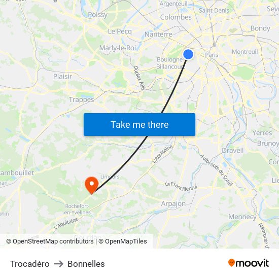 Trocadéro to Bonnelles map